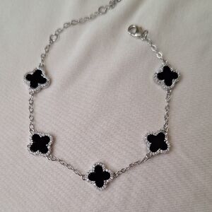 Black Clover Motif Bracelet in Silver Tone
